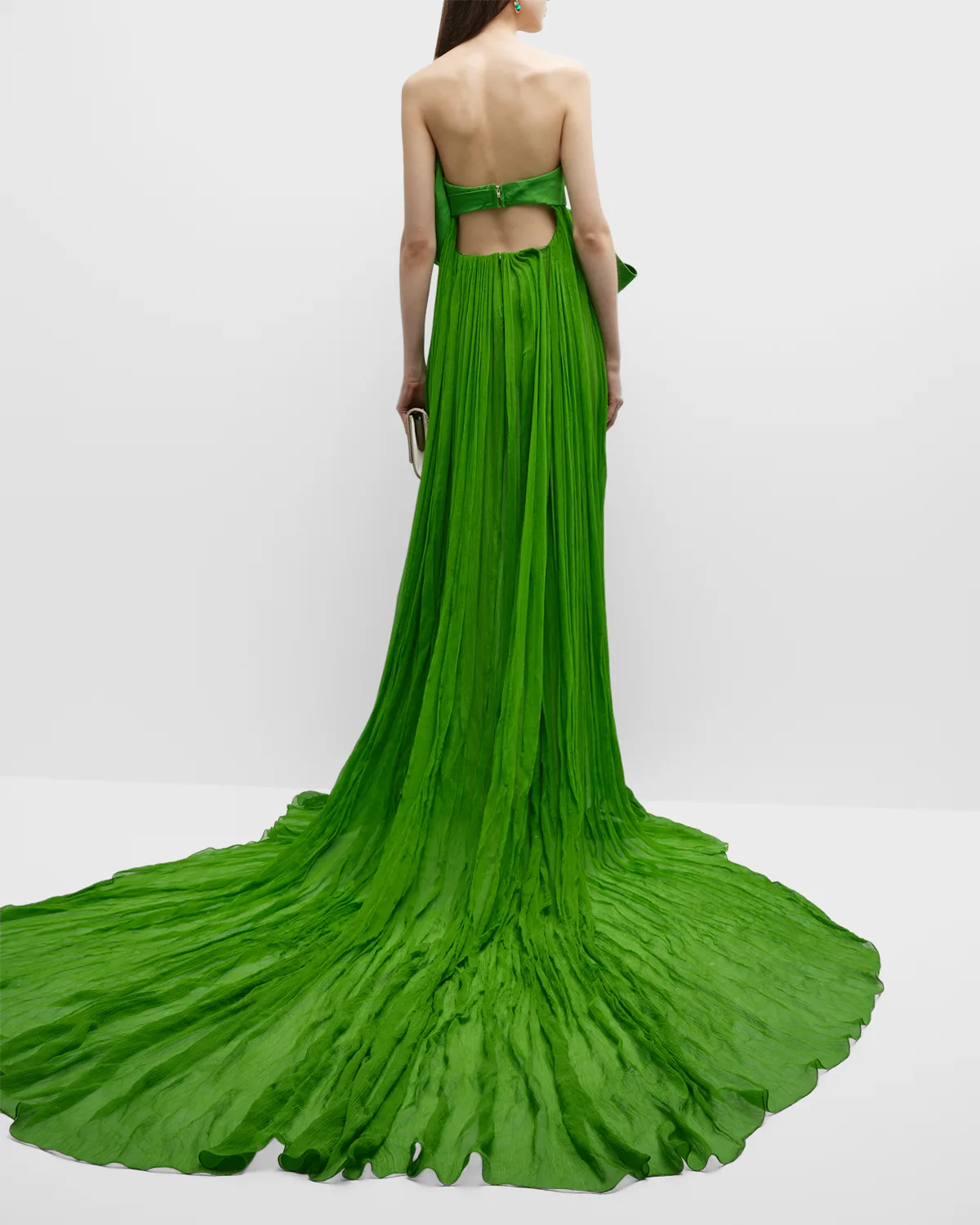 Moire-Bow Strapless Chiffon Creponne Gown