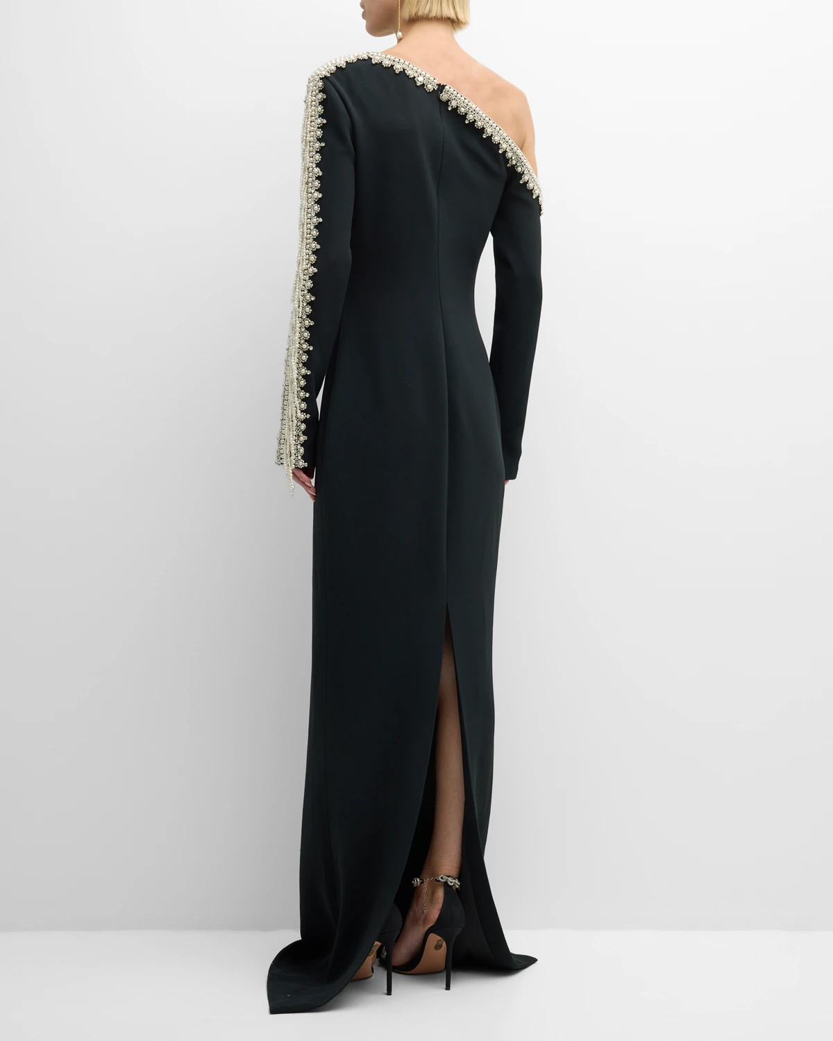 Pearlescent Beaded Fringe One-Shoulder Long-Sleeve Crepe Gown