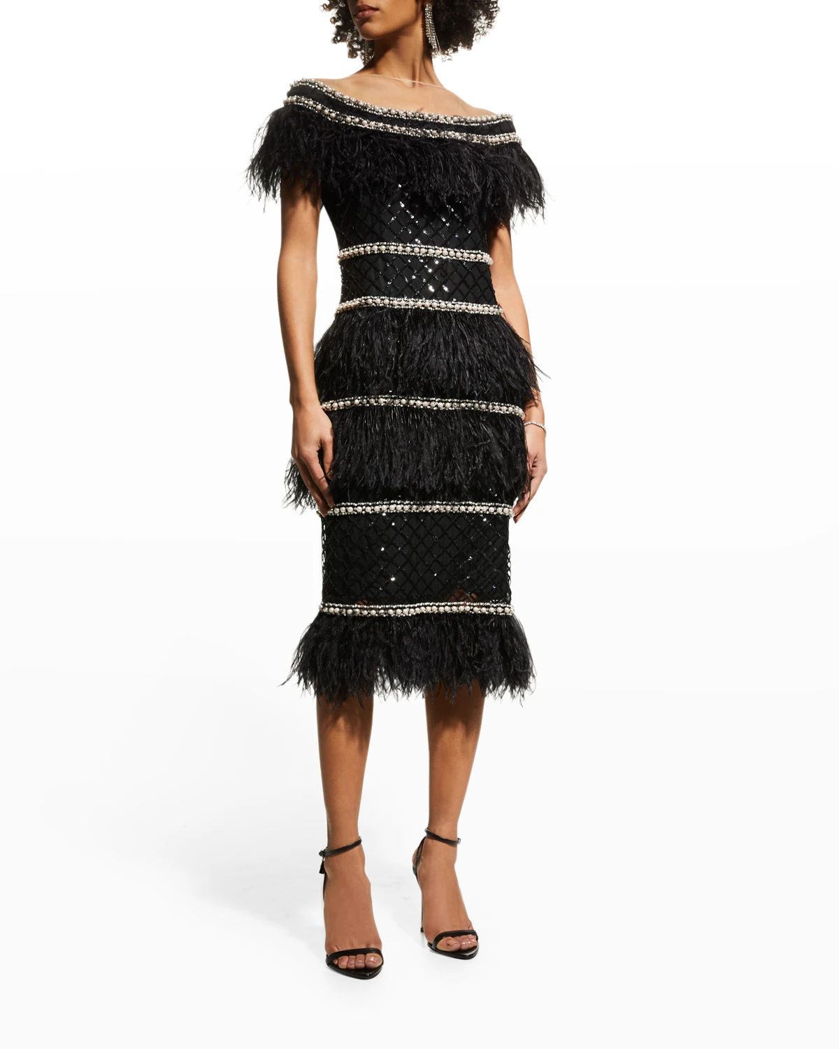 Beaded Off-The-Shoulder Illusion Midi Dress w/ Feather Trim