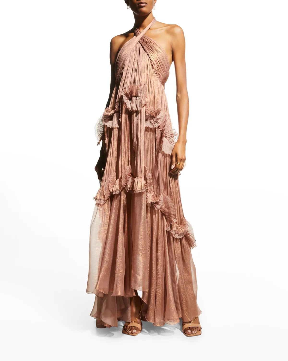 Zadie Metallic Silk Plisse Ruffle Halter Gown