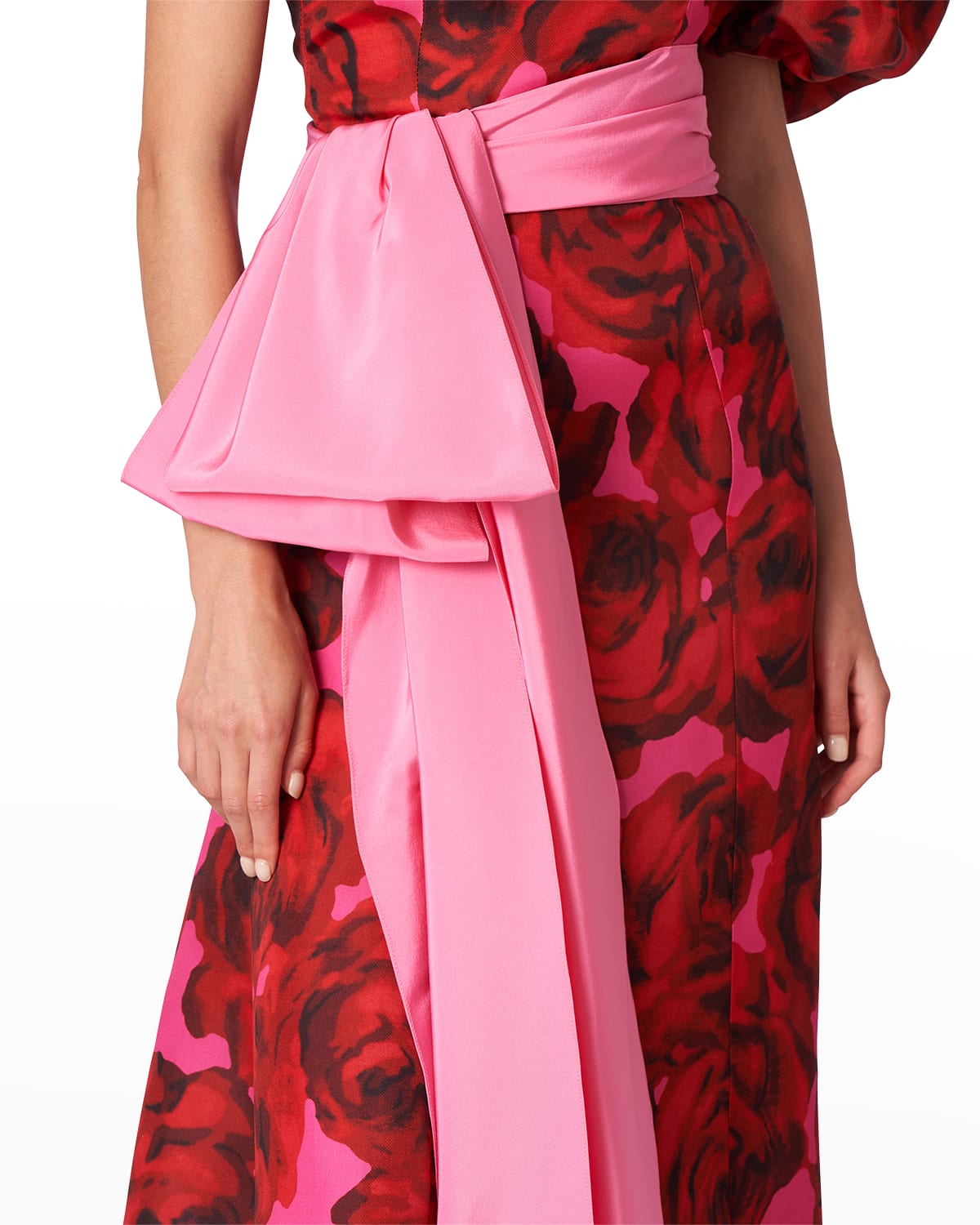 Rose-Print Puff-Sleeve Draped Bow Gown