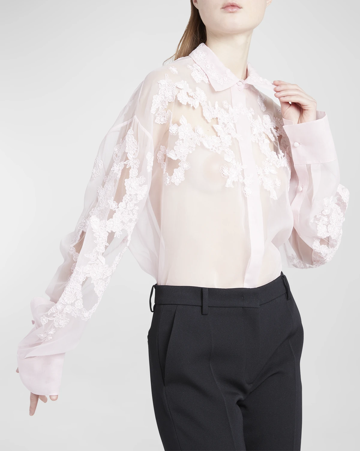 Sheer Lace Embroidered Button-Front Blouse