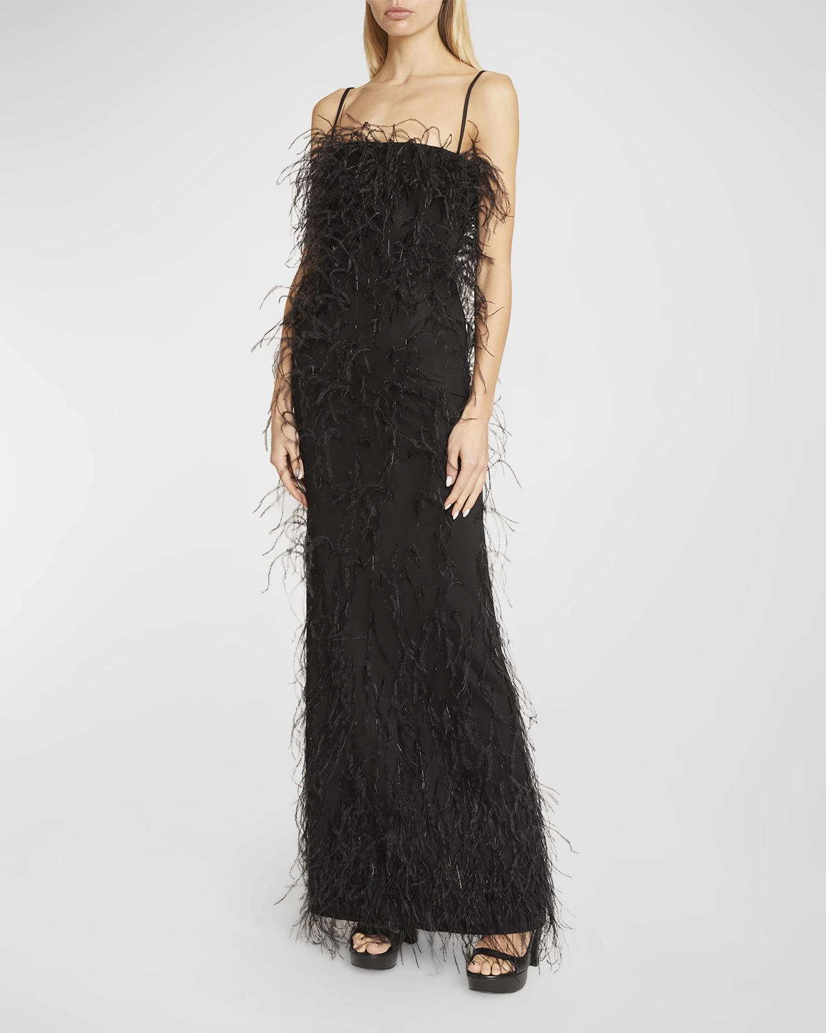 Embroidered Feather Column Gown