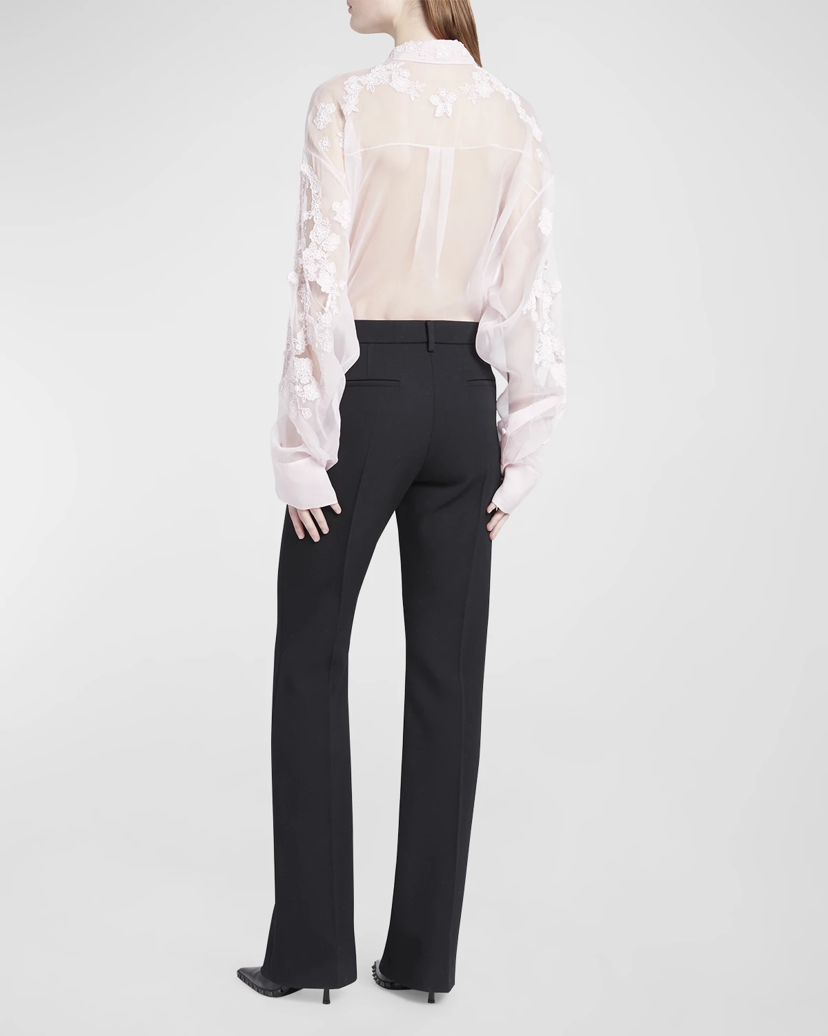 Sheer Lace Embroidered Button-Front Blouse