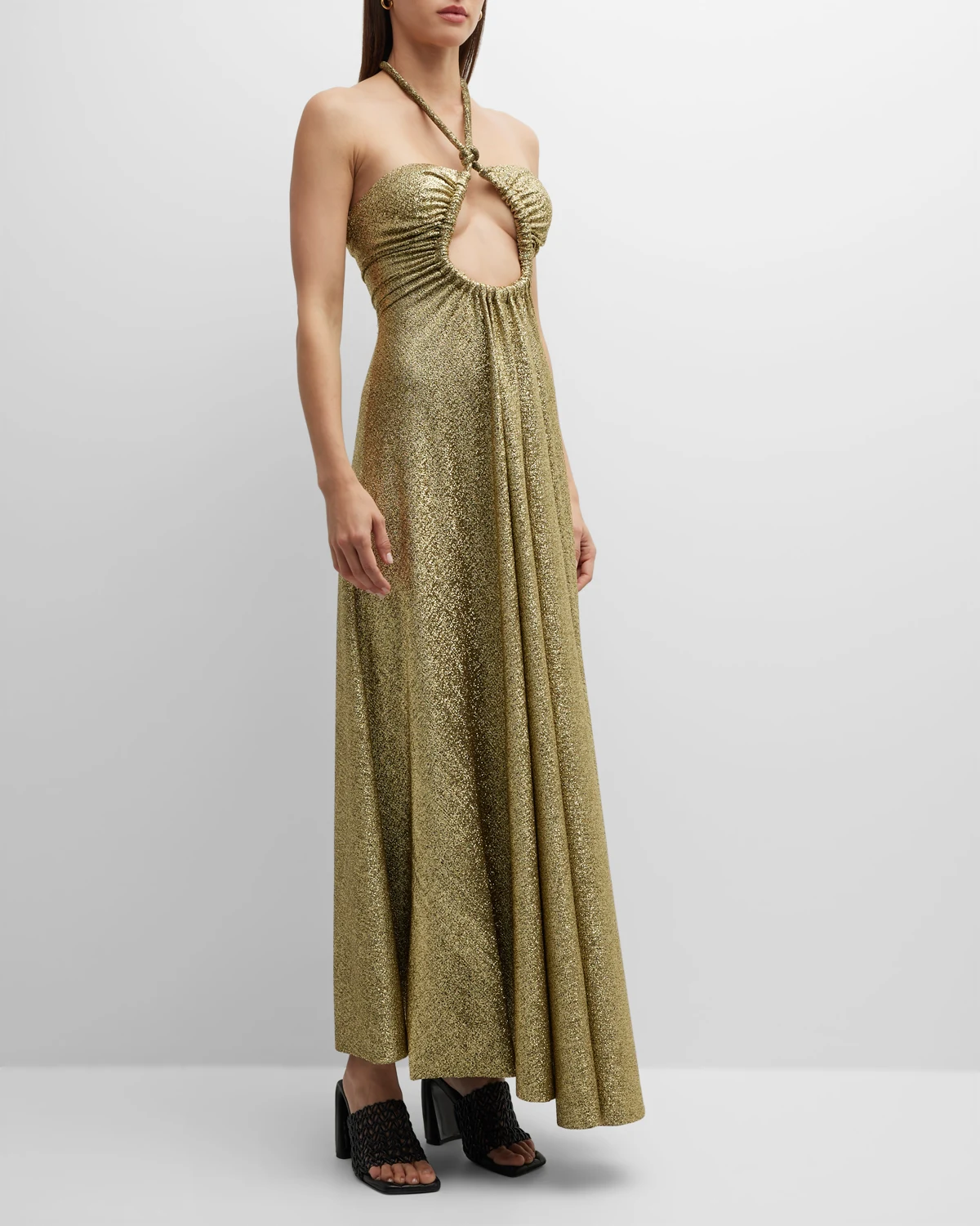 Metallic Jersey Halter Dress with Front Cutout