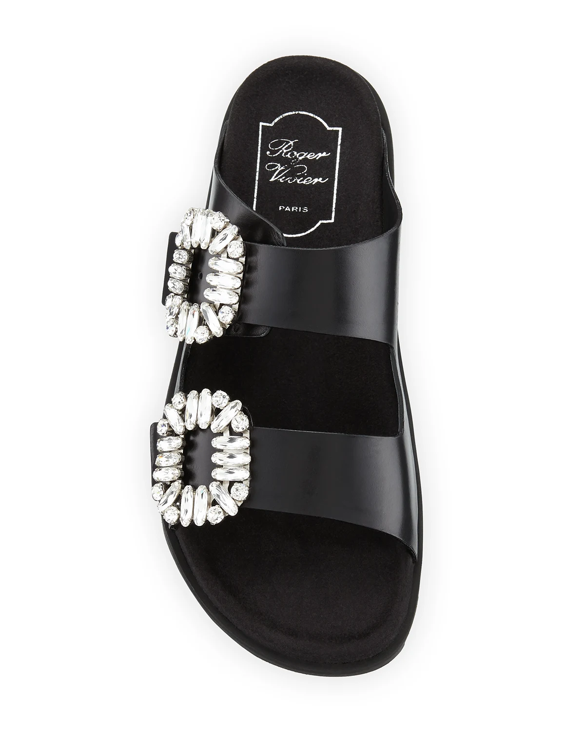 Strass-Buckle Two-Band Slide Sandals, Black