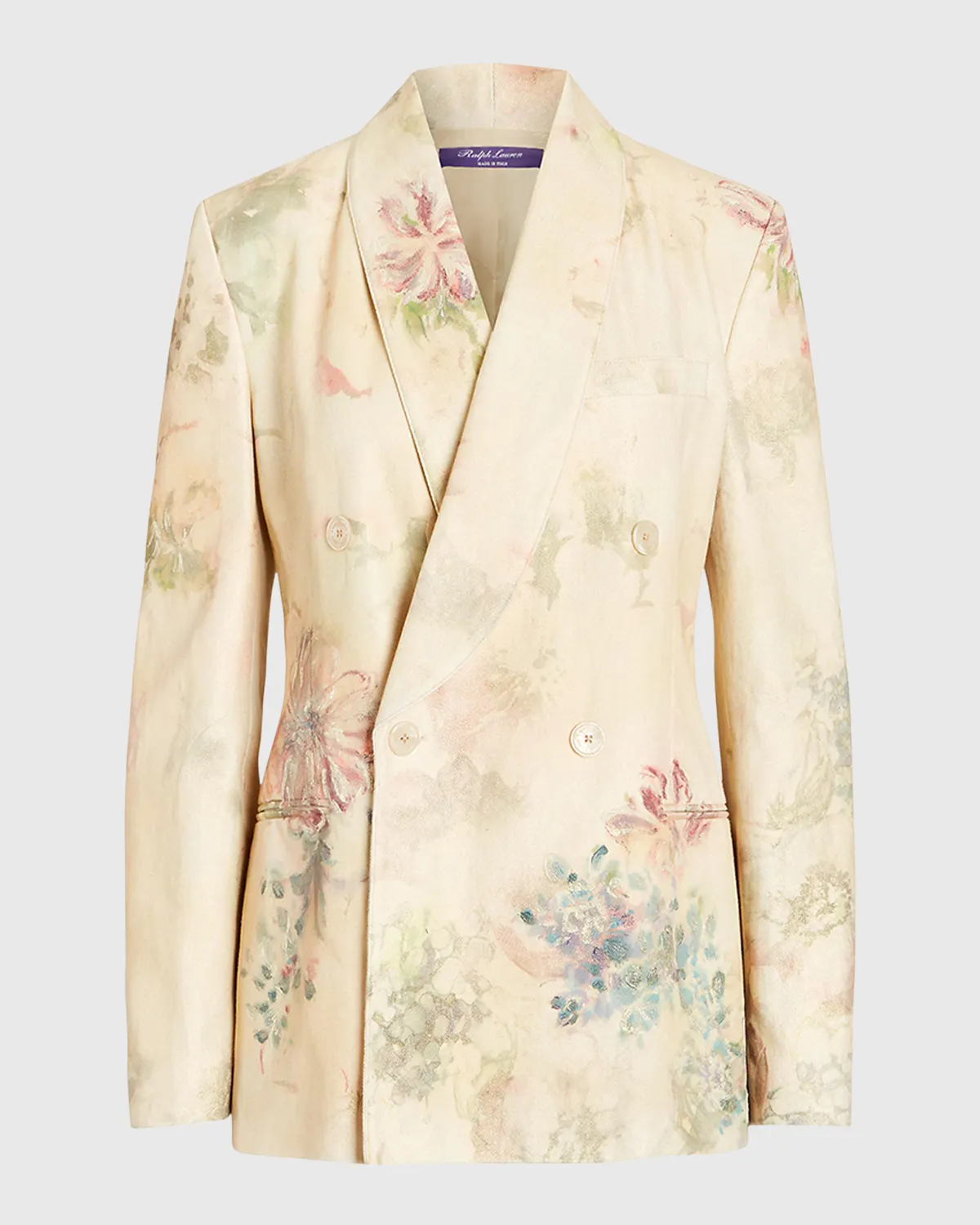 Nelson Faded Floral-Print Double-Breasted Denim Blazer Jacket