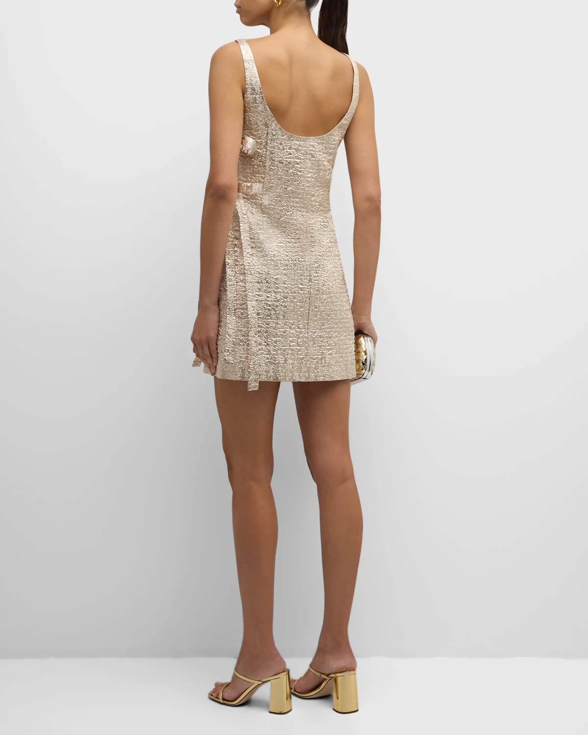 Maya Bows Sleeveless Metallic Seersucker Mini Dress