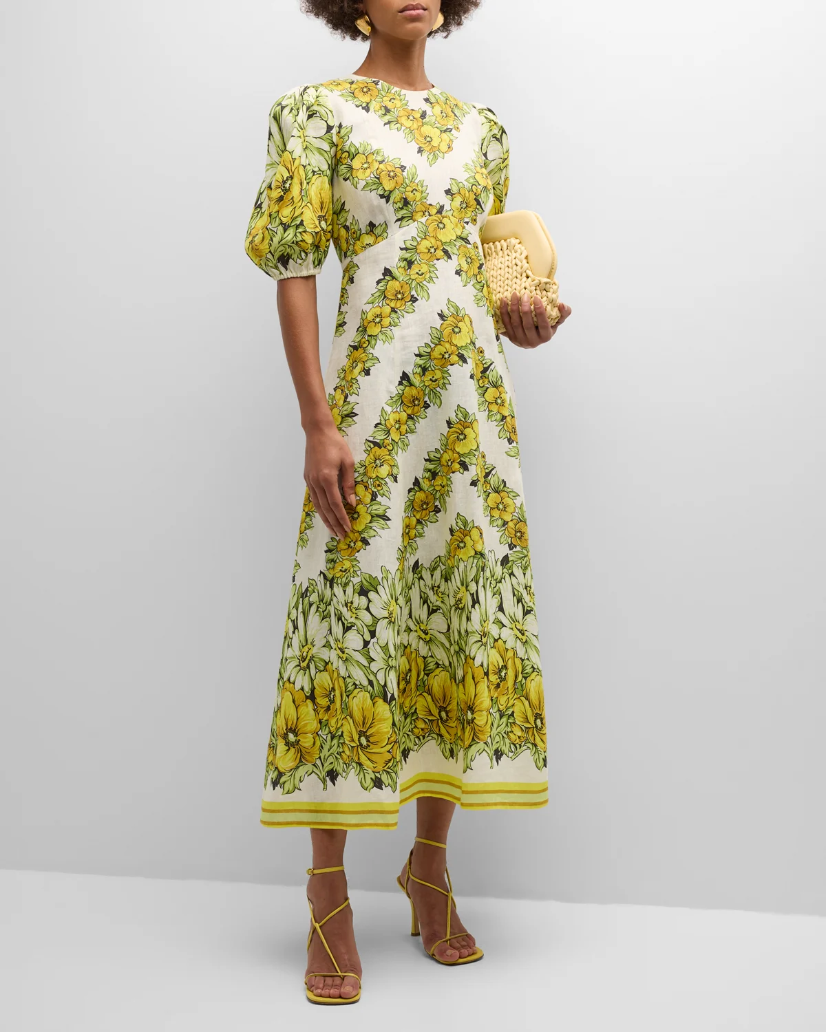 Gisela Balloon-Sleeve Floral Linen A-Line Midi Dress