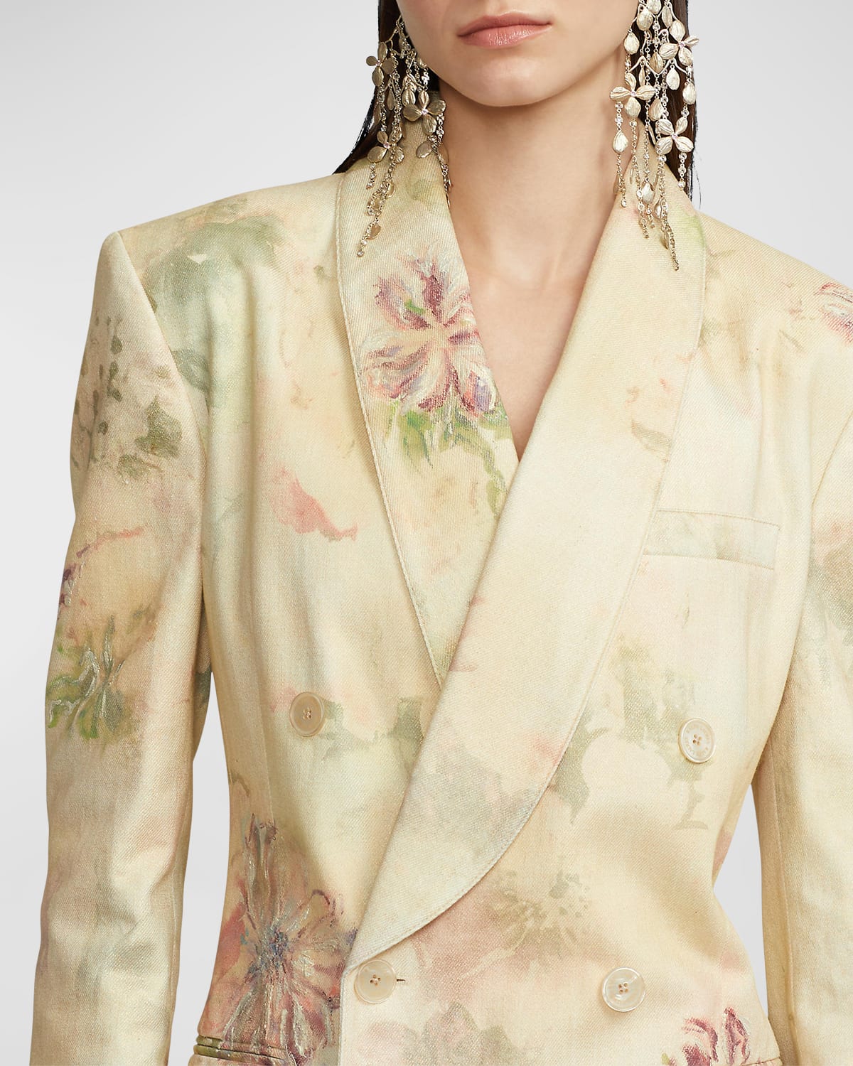 Nelson Faded Floral-Print Double-Breasted Denim Blazer Jacket