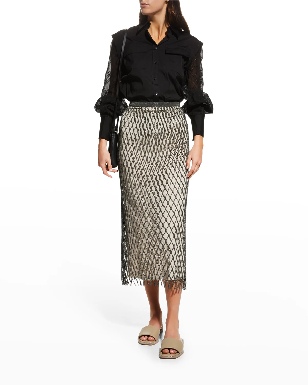 Monili Fishnet Midi Skirt w/ Linen Lining