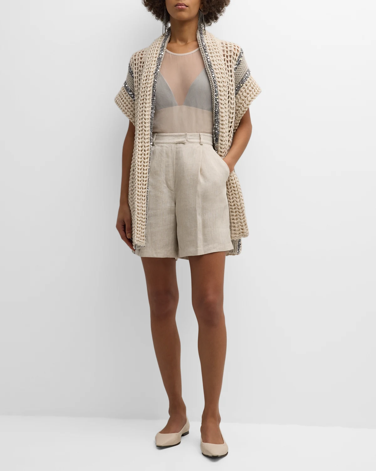 Open-Knit Long Net Cardigan with Paillette Detail