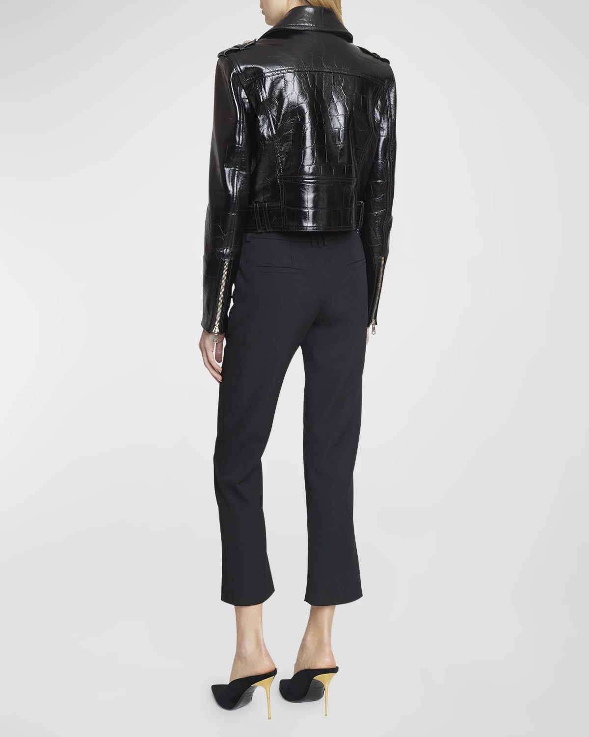 Croc-Embossed Leather Crop Biker Jacket