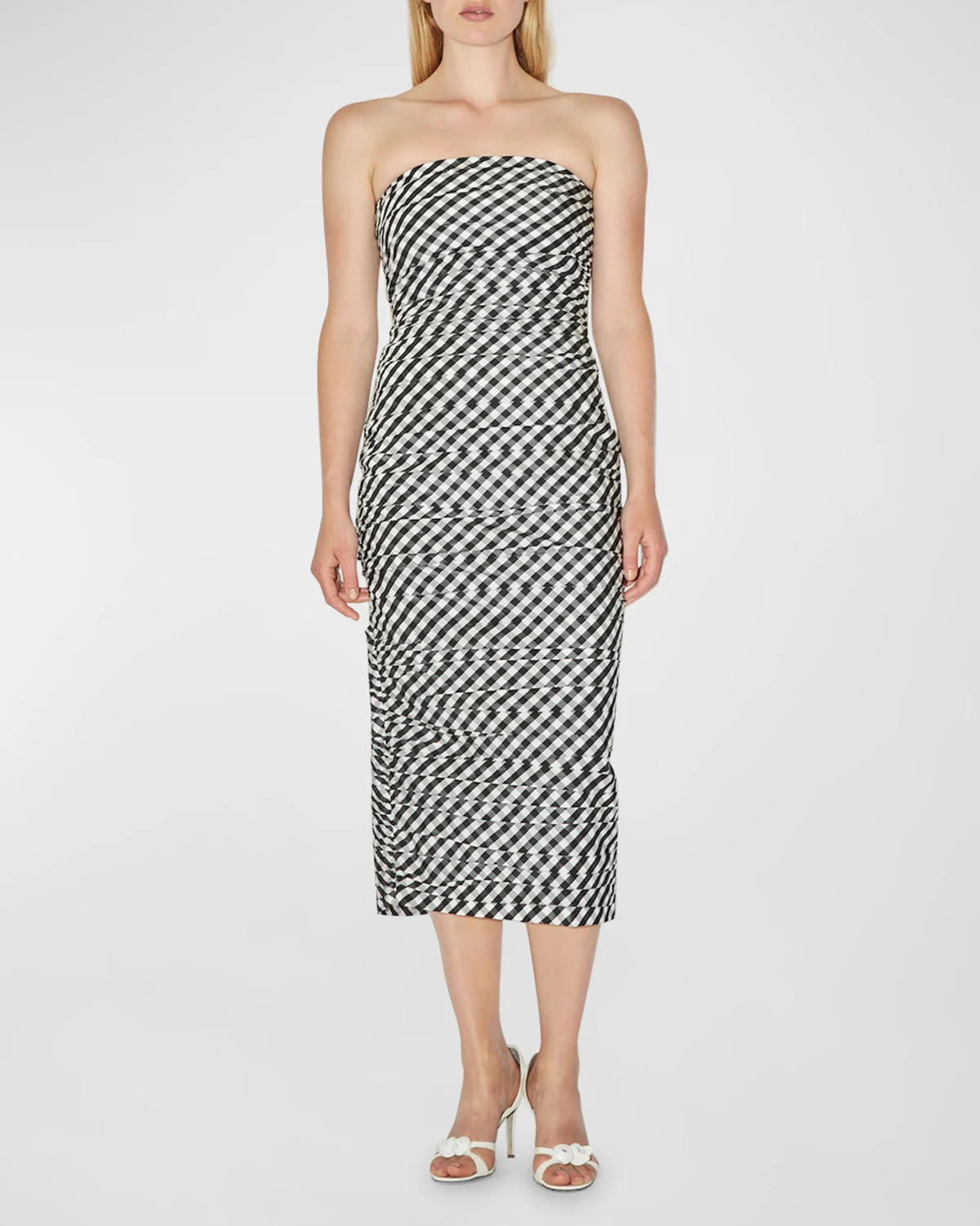 Tia Gingham Ruched Strapless Midi Dress