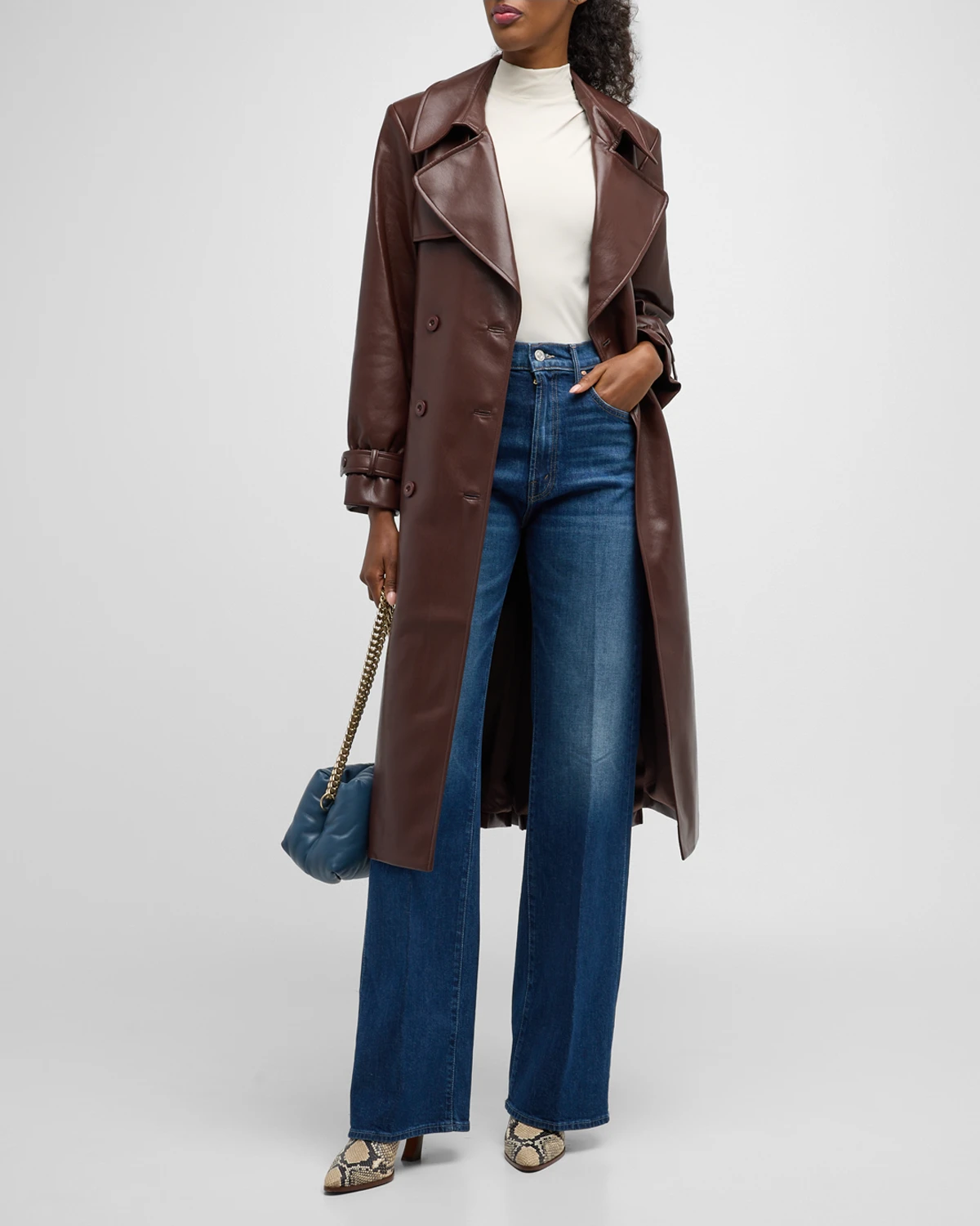 Elicia Strong-Shoulder Vegan Leather Trench Coat 