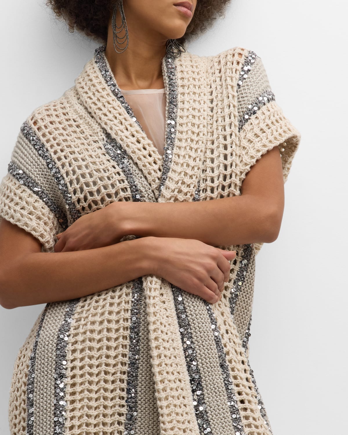 Open-Knit Long Net Cardigan with Paillette Detail