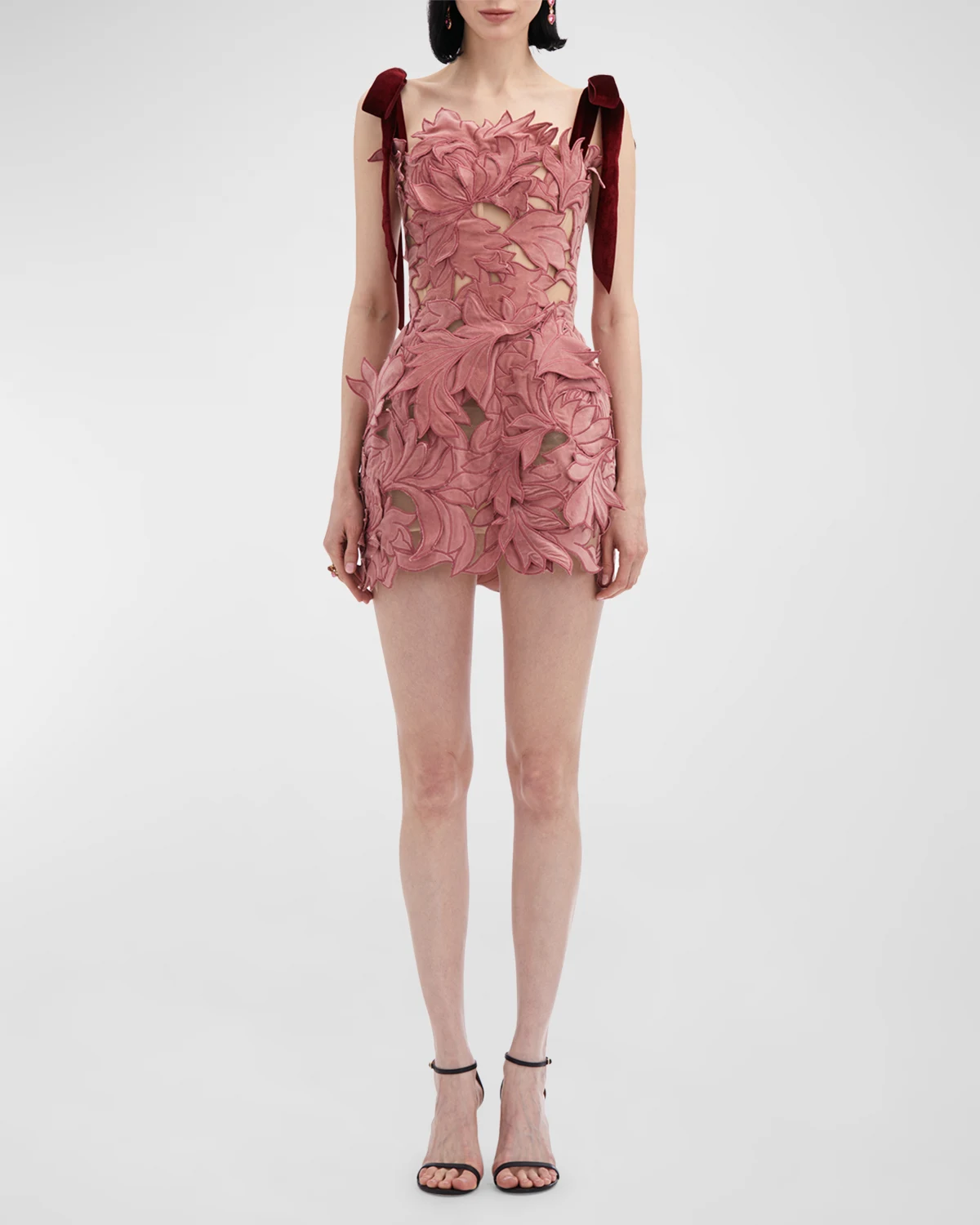 Peony Guipure Embroidered Bow-Strap Mini Dress