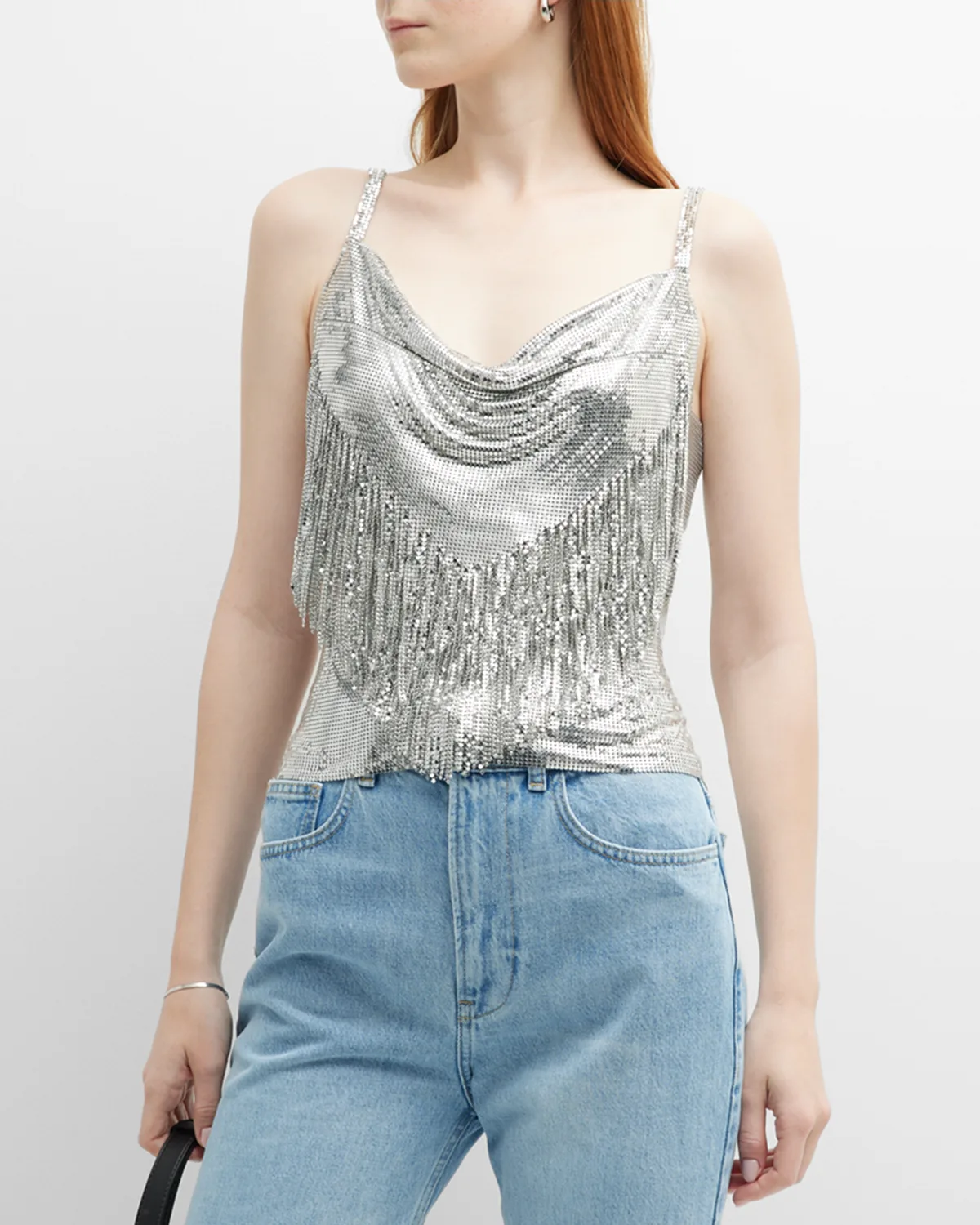 Cowl-Neck Fringe Chainmail Tank Top