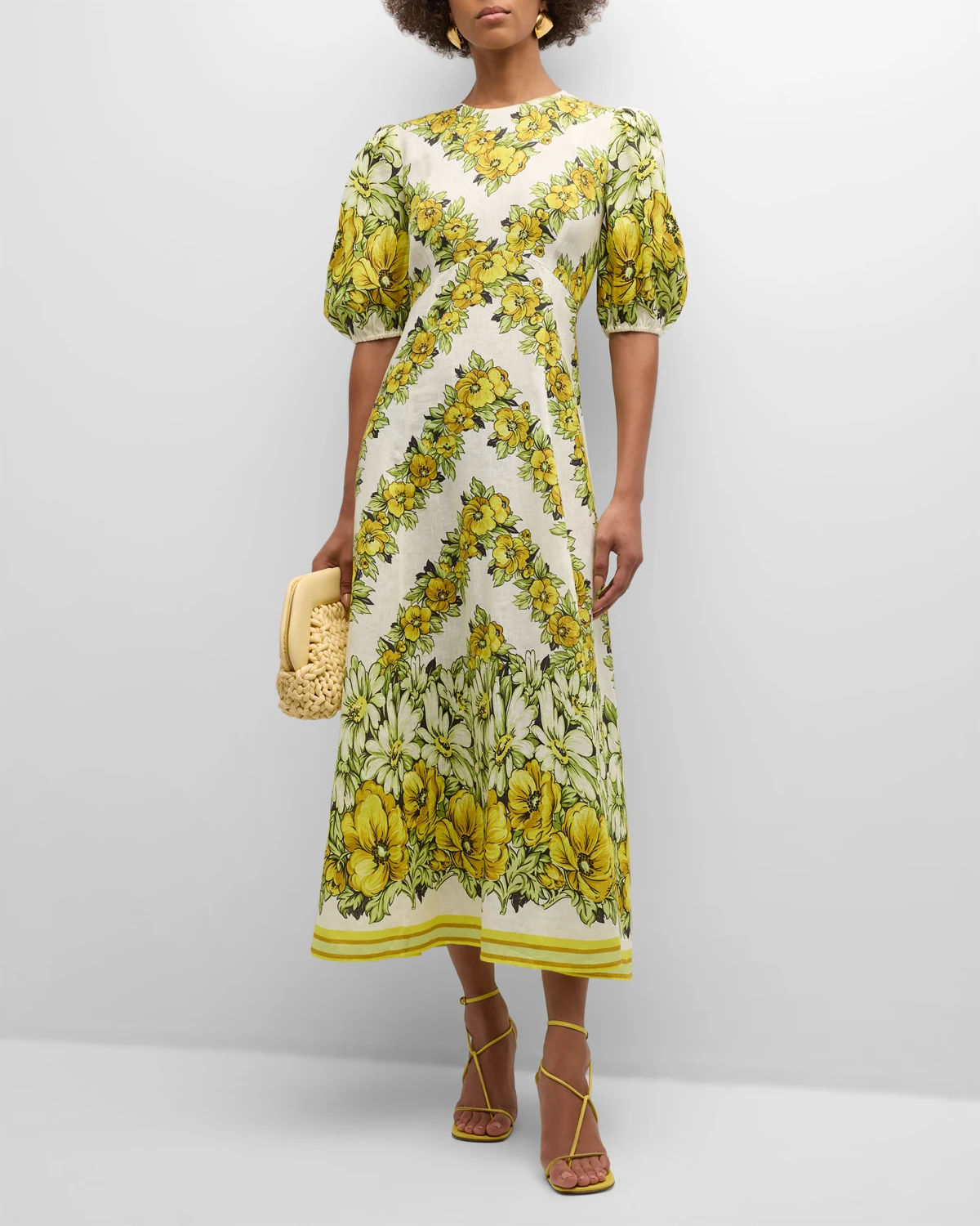 Gisela Balloon-Sleeve Floral Linen A-Line Midi Dress