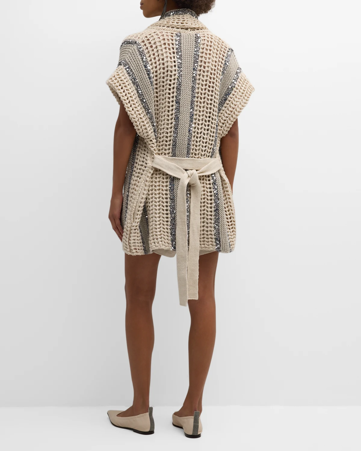 Open-Knit Long Net Cardigan with Paillette Detail