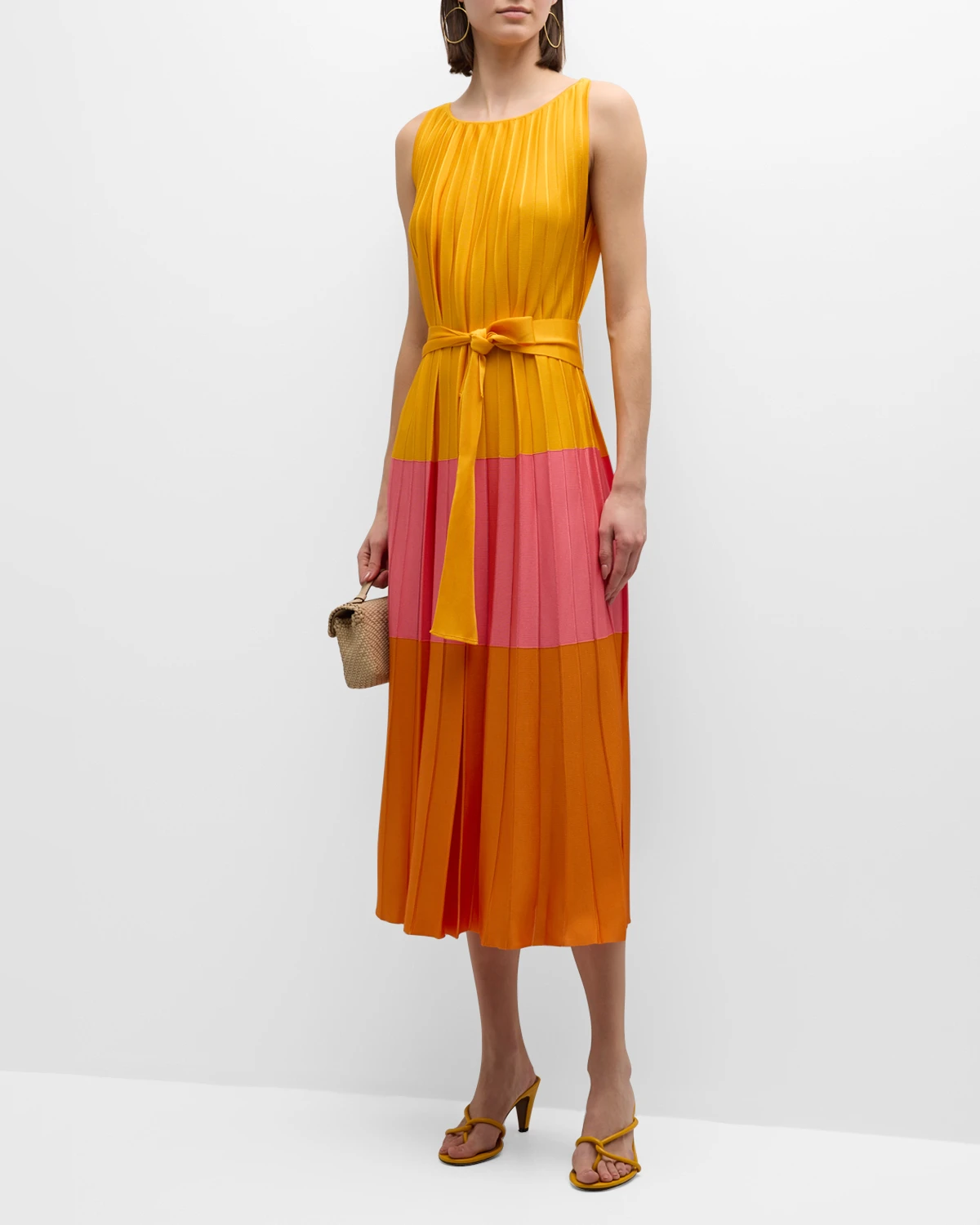 Colorblock Pleated Knit Maxi Dress with Tie Belt