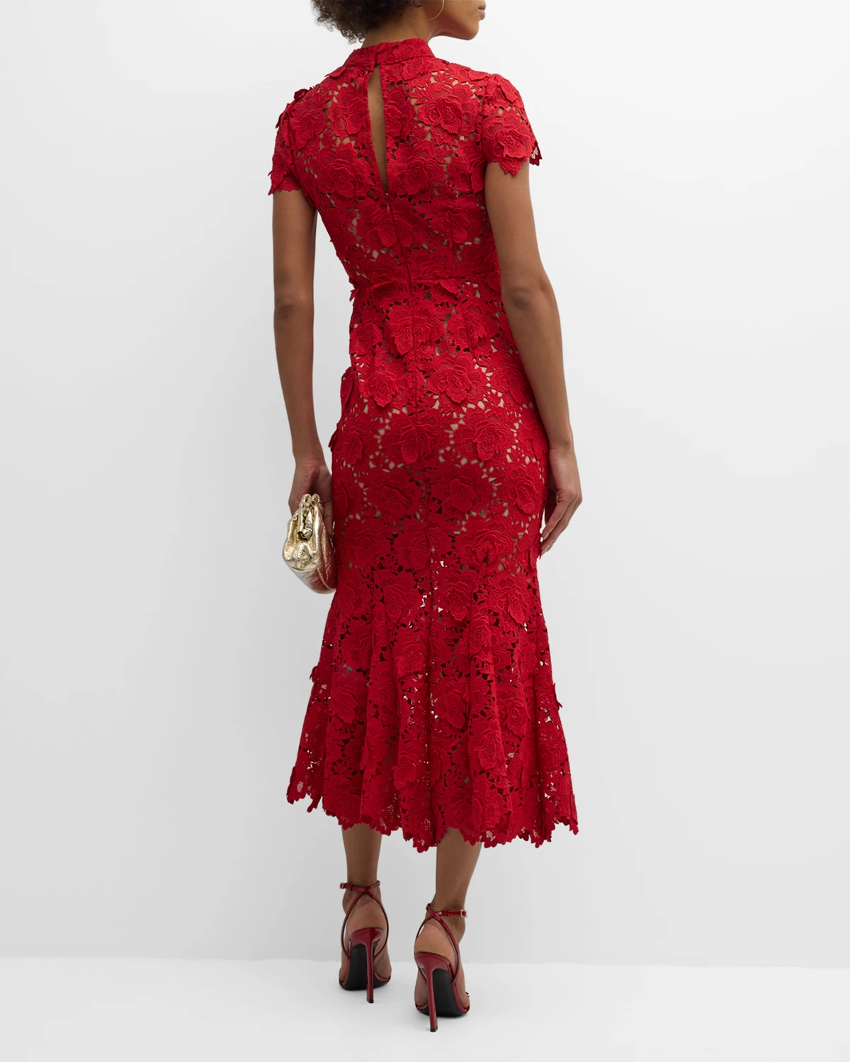 Flower Lace Short-Sleeve Trumpet Midi Dress