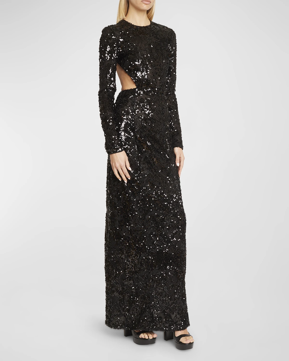 Embroidered Sequin Gown with Cutout Detail