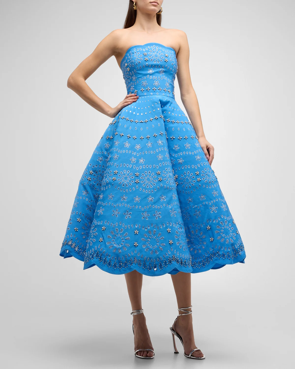 Strapless Crystal Eyelet Scallop Midi Cocktail Dress