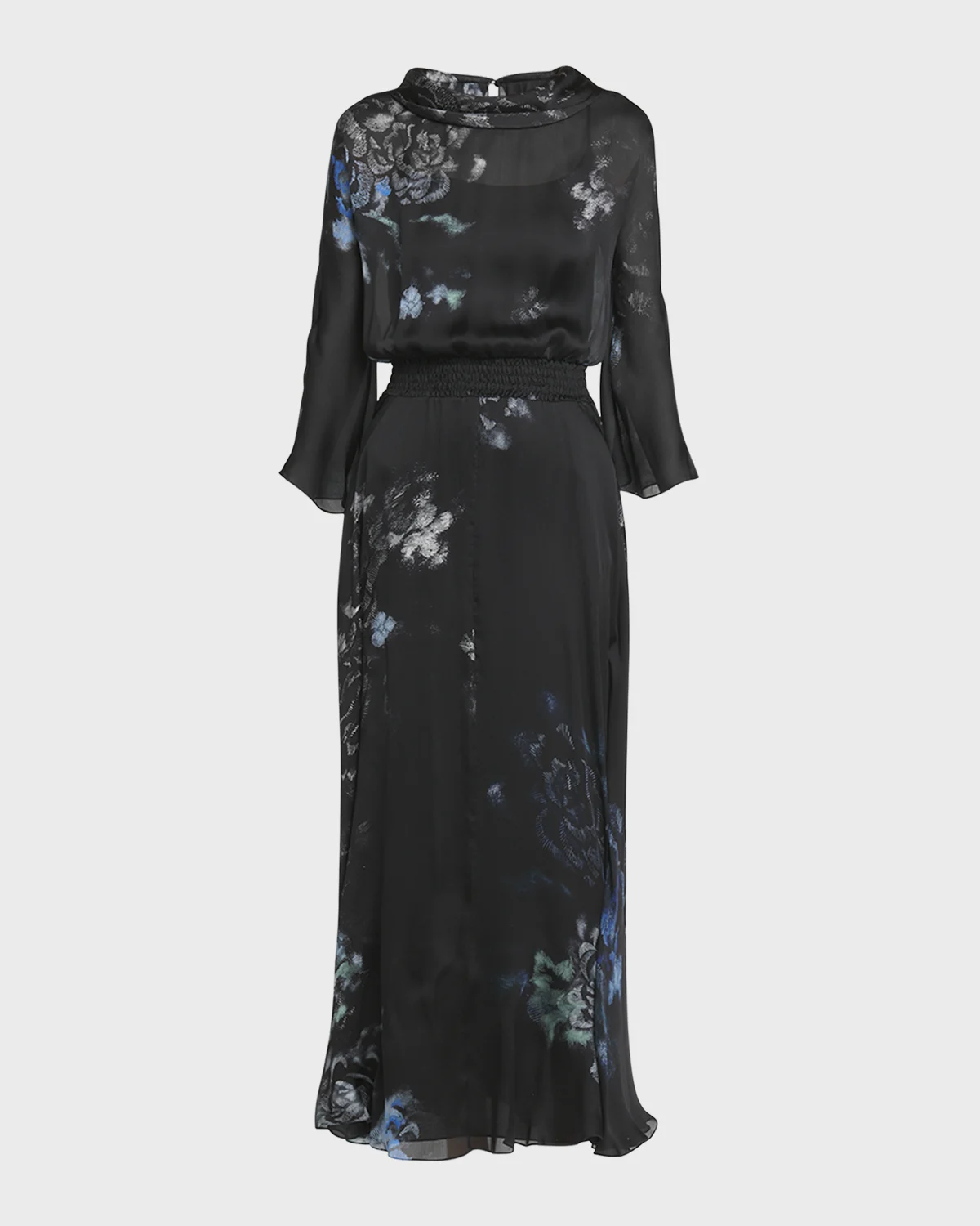 Floral Print Silk Gown with Smocked Waist