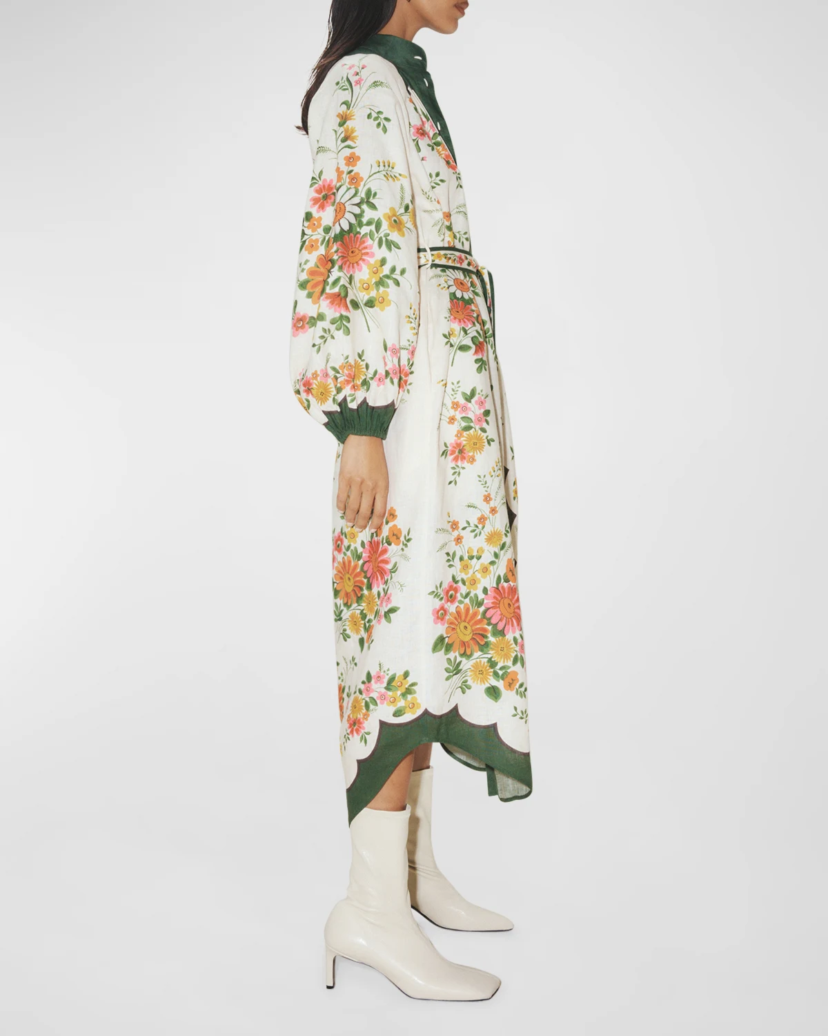 Elisabetta Self-Belt Midi Floral Linen Shirtdress