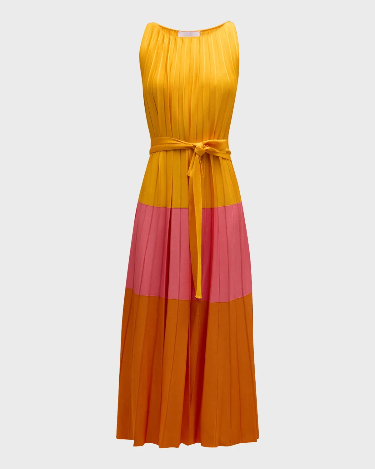 Colorblock Pleated Knit Maxi Dress with Tie Belt