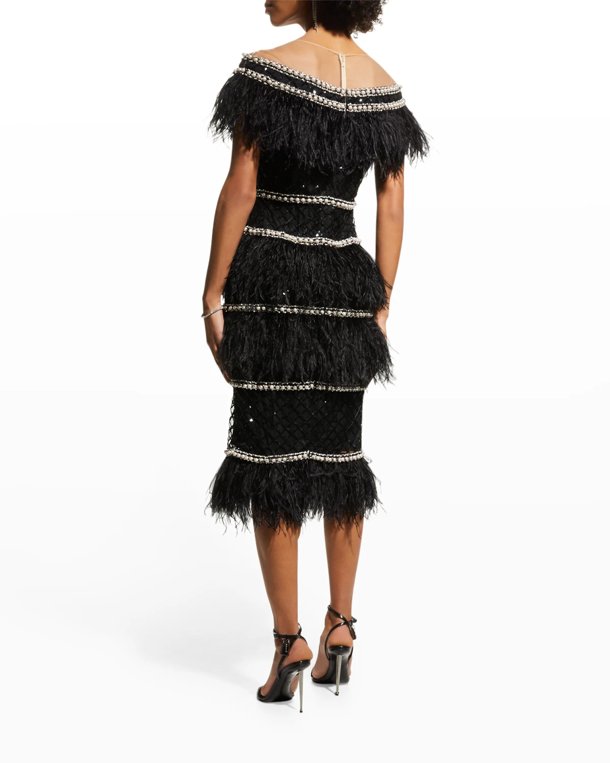 Beaded Off-The-Shoulder Illusion Midi Dress w/ Feather Trim