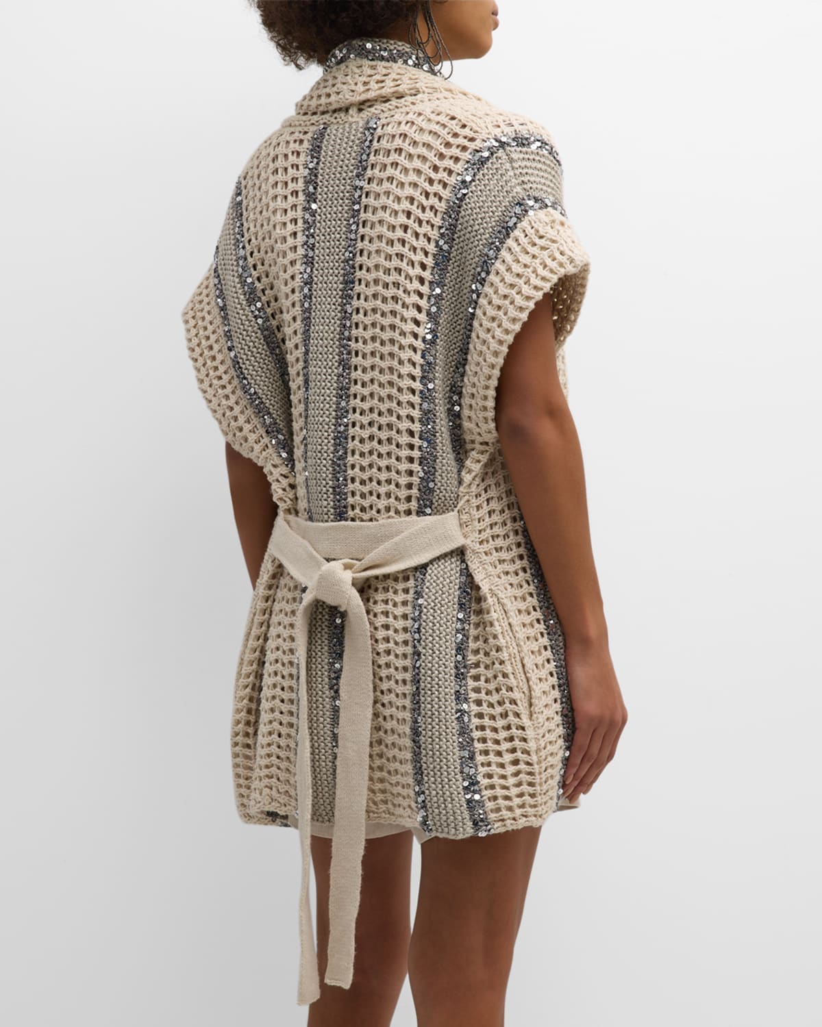 Open-Knit Long Net Cardigan with Paillette Detail