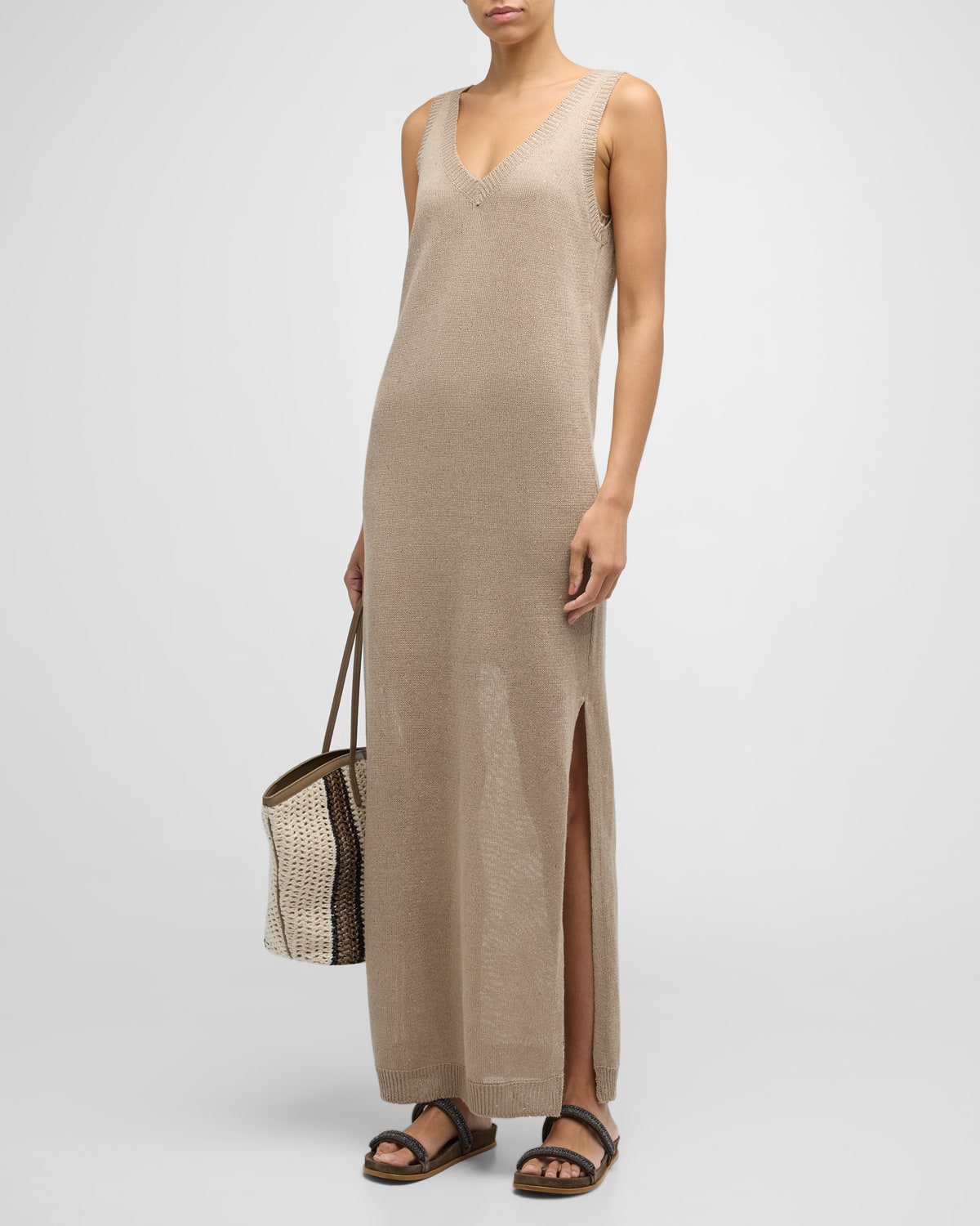 Linen Silk Diamante Knit Column Dress with Monili Detail