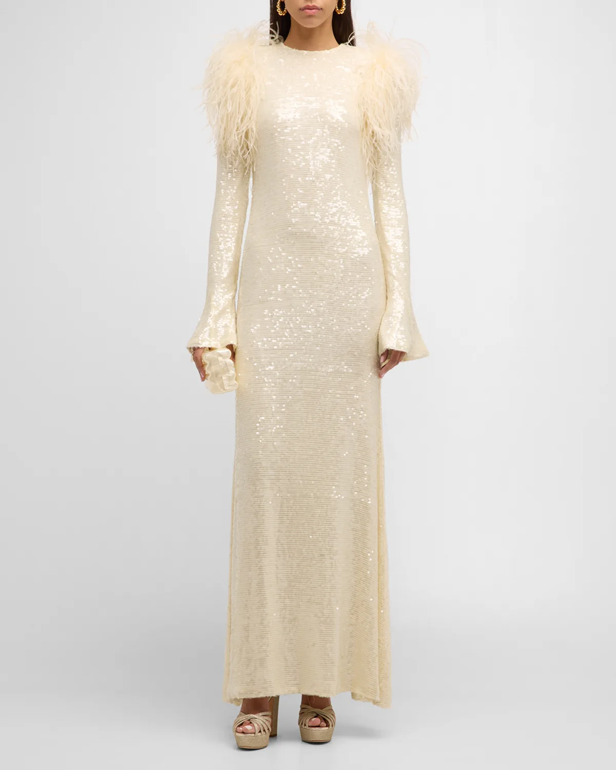 Feather-Shoulder Flare-Sleeve Sequin Viscose Maxi Dress