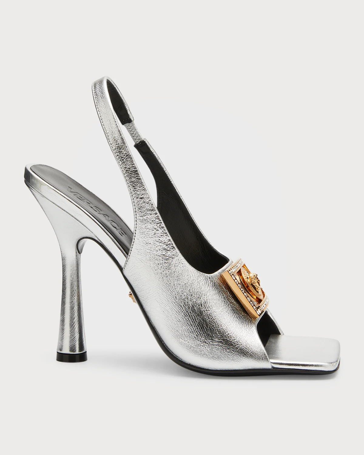 Metallic Medusa Buckle Slingback Sandals