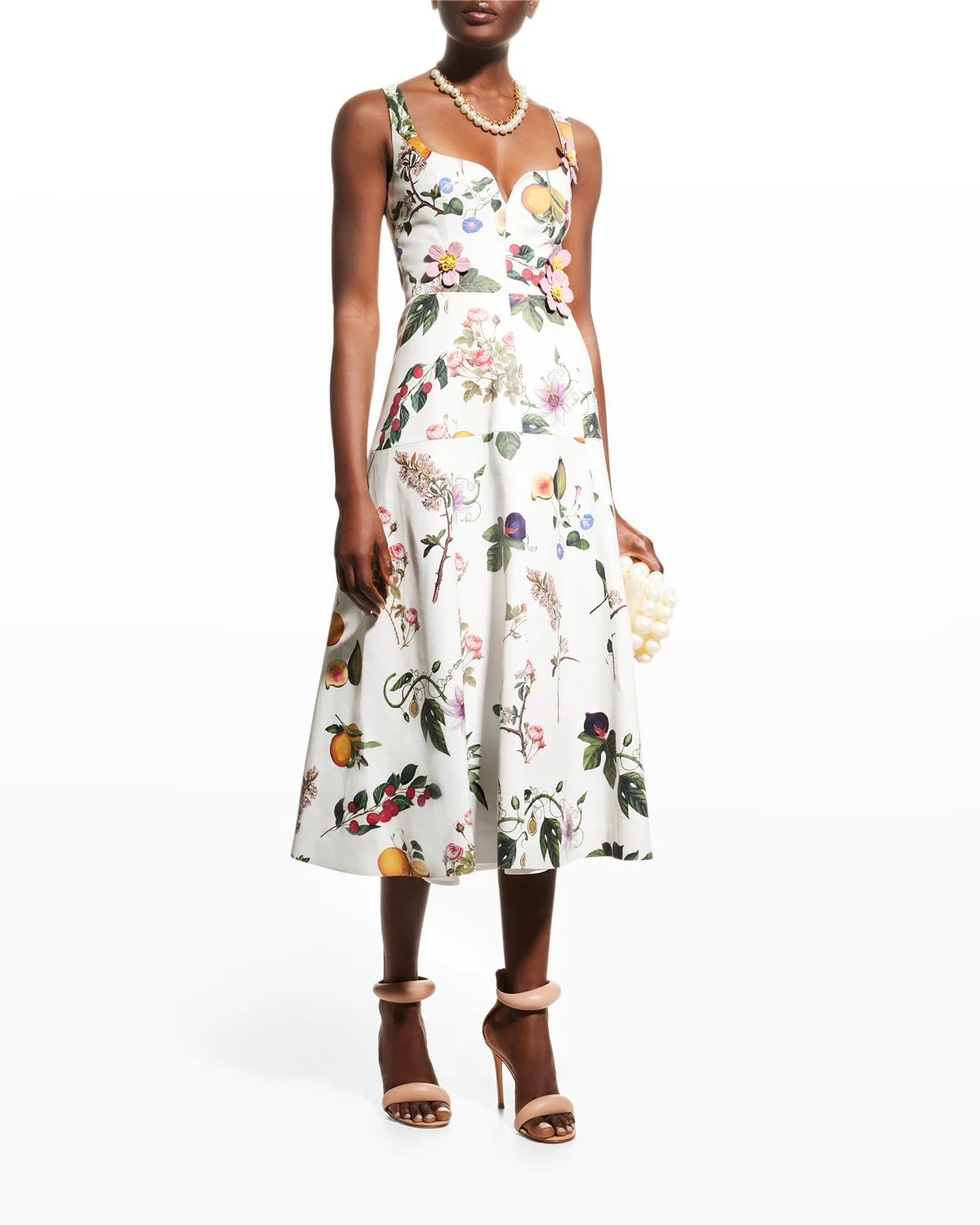 Botanical-Print Flower-Applique Leather Midi Dress