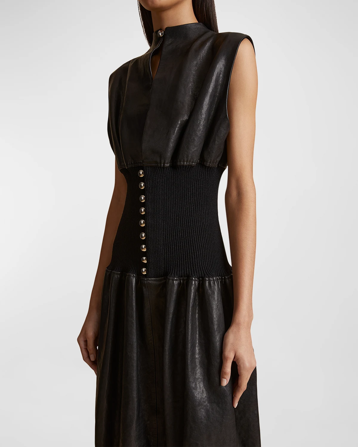 Uni Ribbed Waist Leather Dress