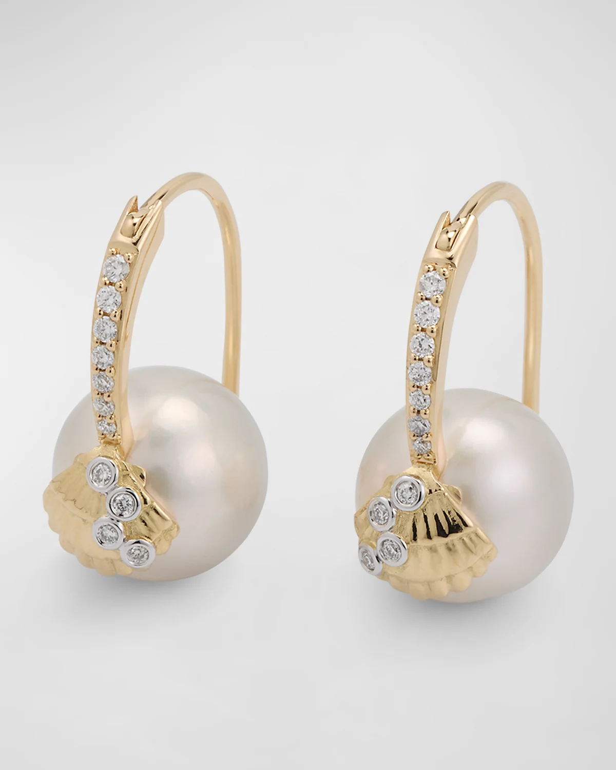 14K Gold Clamshell and 10mm Freshwater Pearl Diamond Earrings 