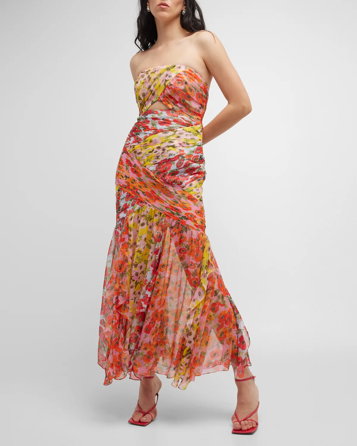 Floral Print Bustier Midi Dress w/ Front Cutout