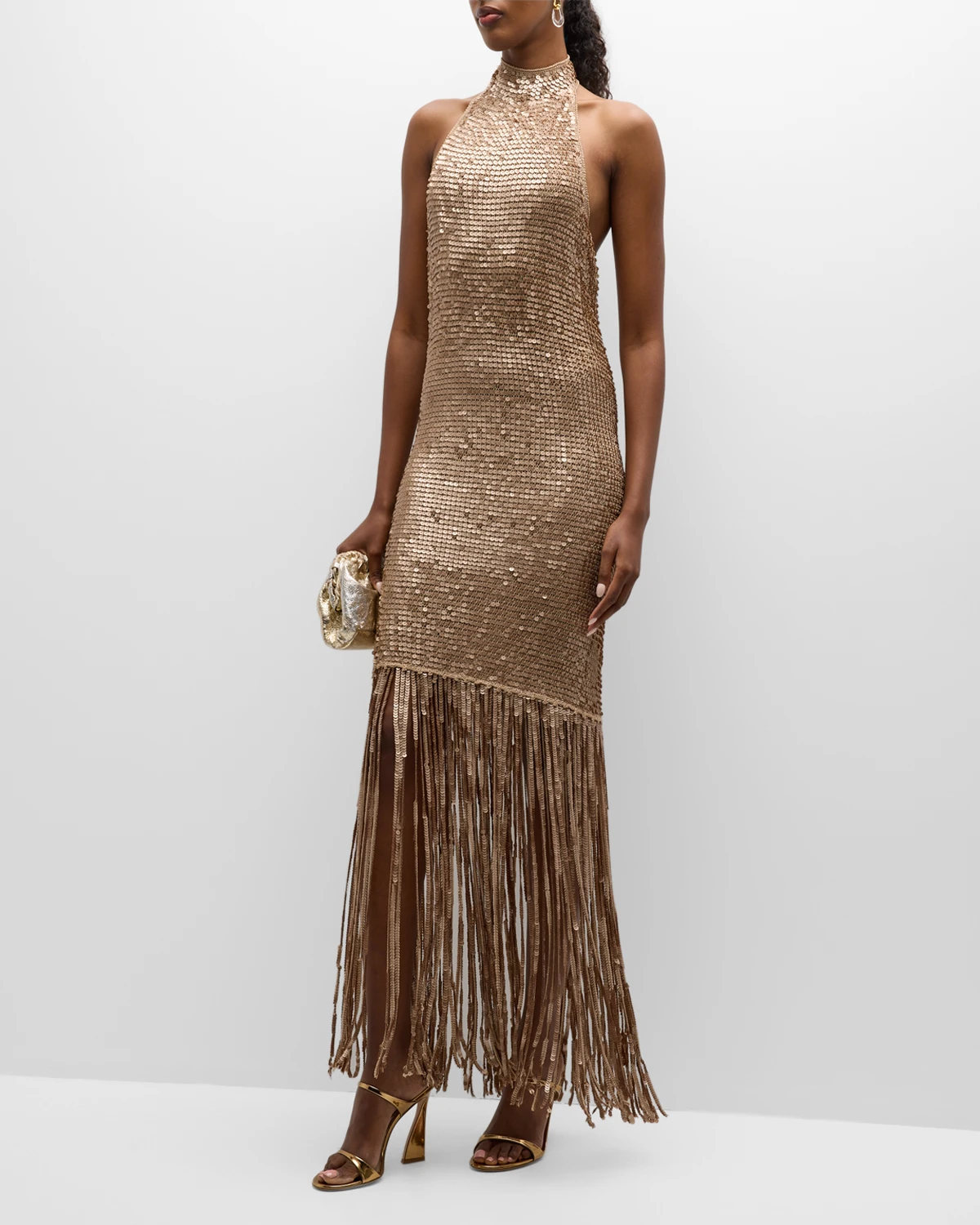 Renzo Metallic Sequin Halter Midi Dress