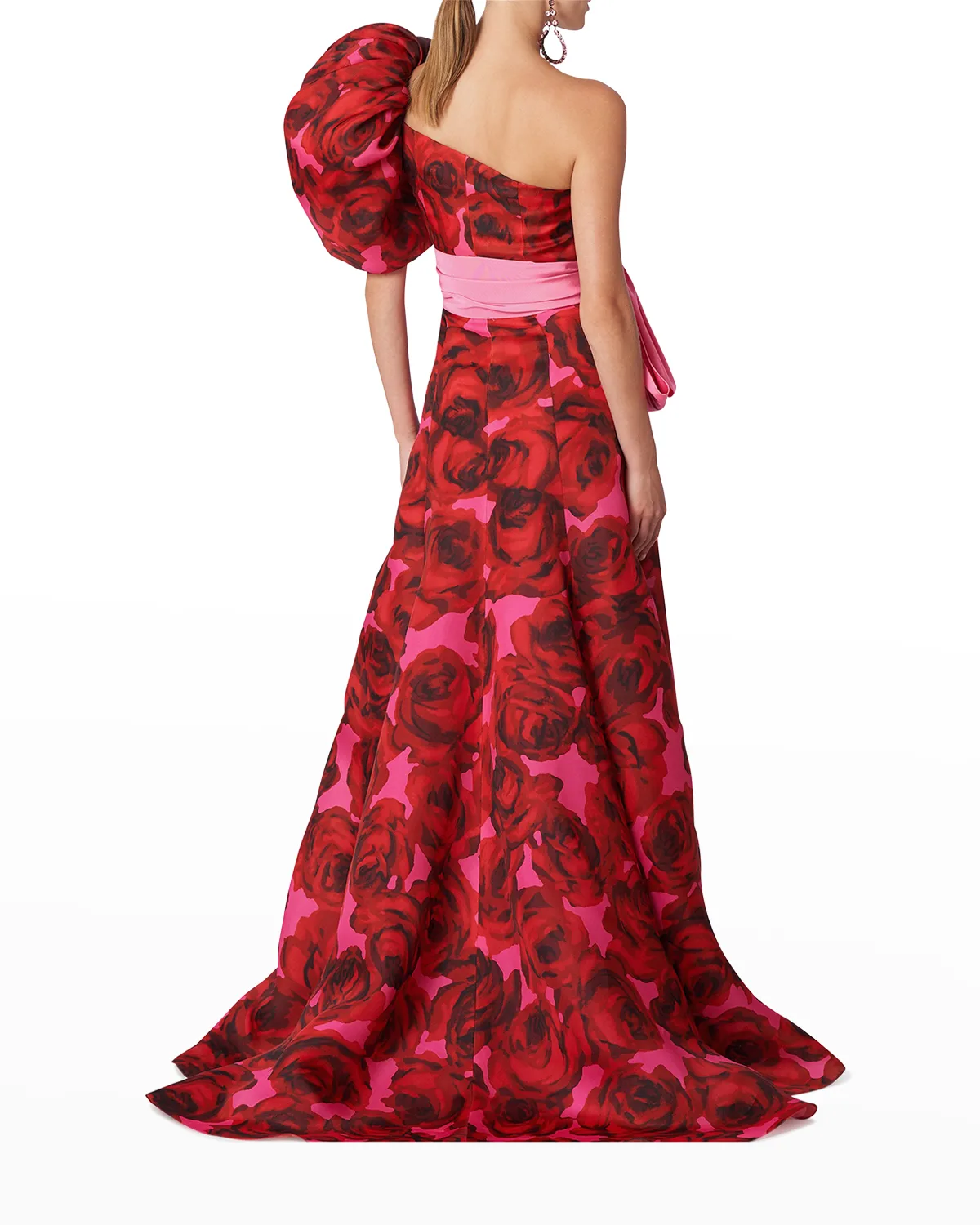 Rose-Print Puff-Sleeve Draped Bow Gown