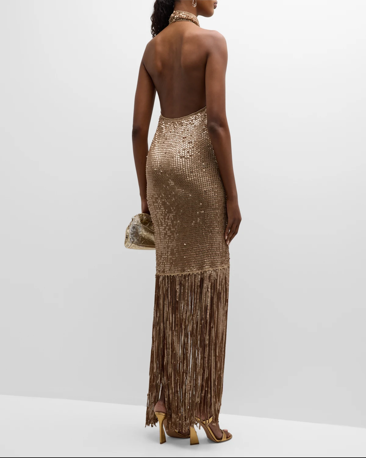 Renzo Metallic Sequin Halter Midi Dress