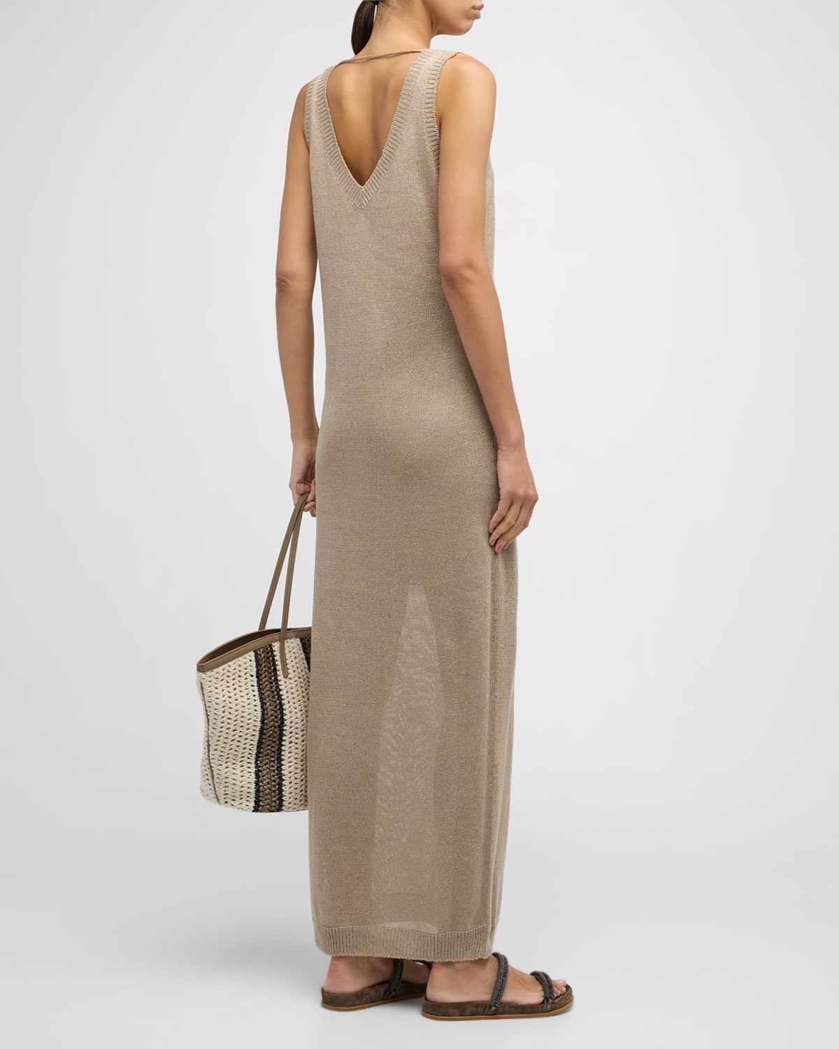 Linen Silk Diamante Knit Column Dress with Monili Detail