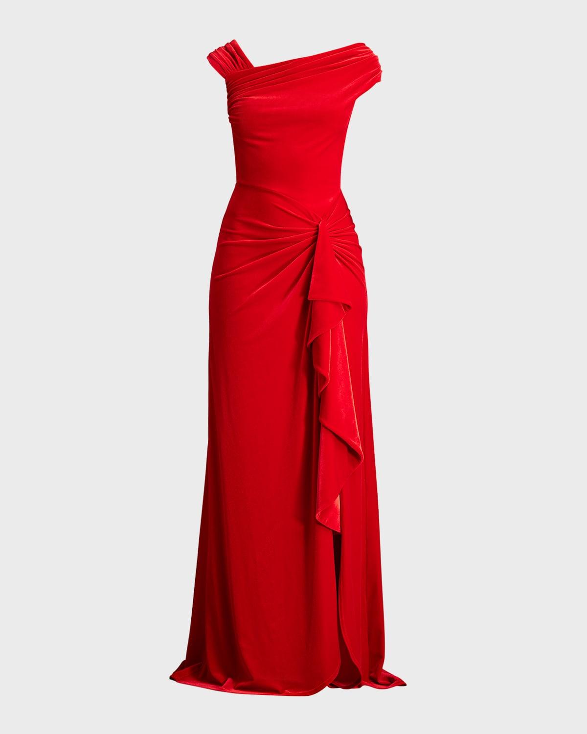 Pleated Asymmetric Crepe Column Gown