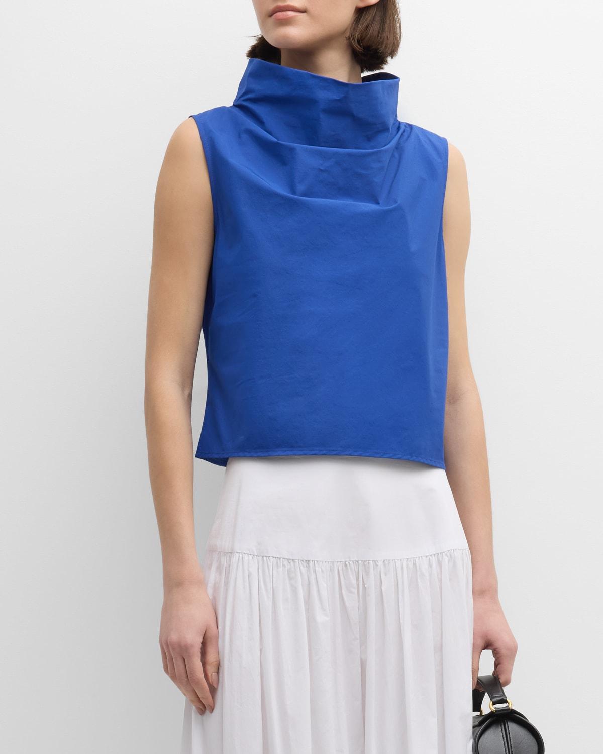 Sleeveless Funnel-Neck Cotton Poplin Shirt