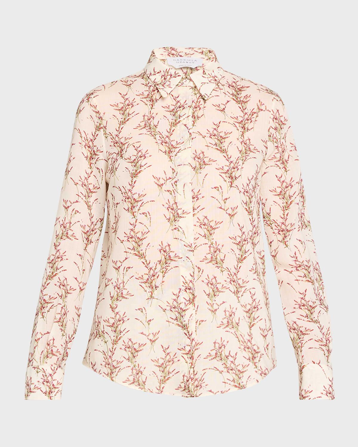 Henri Bouquet-Print Long-Sleeve Collared Blouse