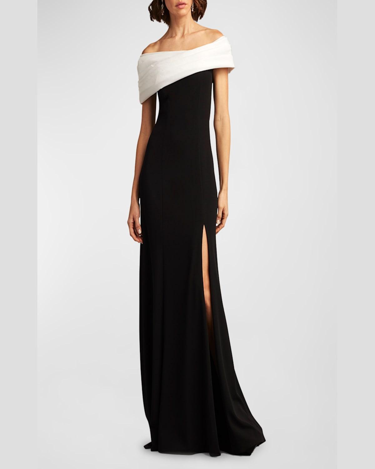 Off-Shoulder A-Line Crepe & Taffeta Gown