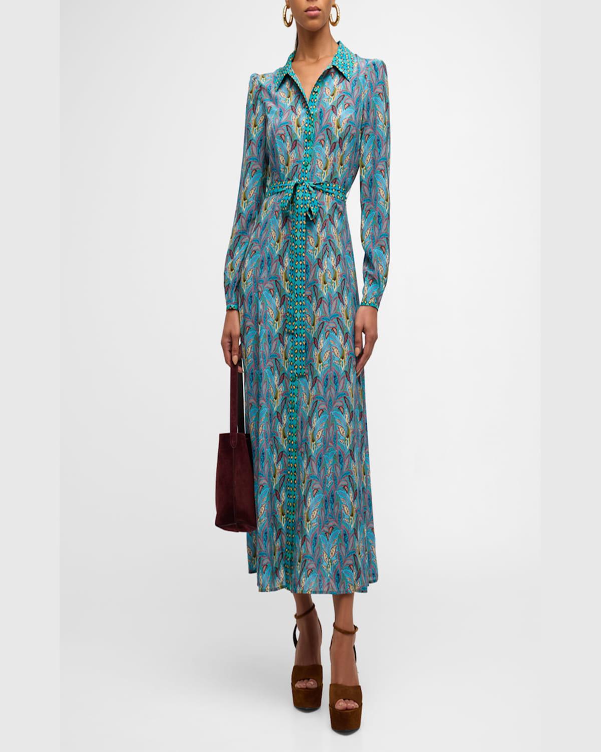 Vanessa B Tie-Belt Silk Maxi Shirt Dress