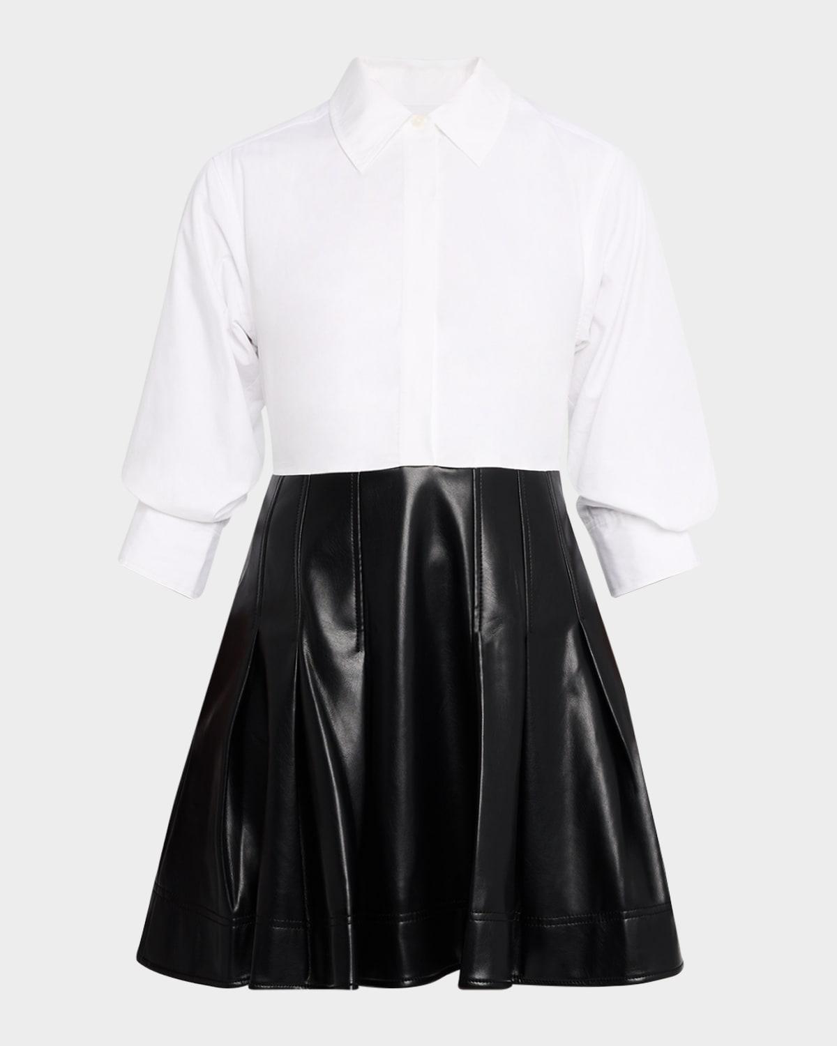 Padma Poplin & Faux Leather Combo Mini Shirtdress